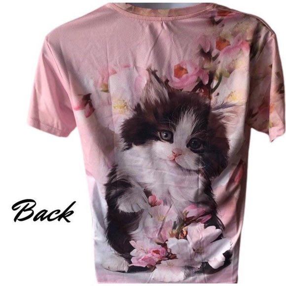 Pink 3D Cat Short Sleeve Floral T-Shirt L/XL - Picture 2 of 2